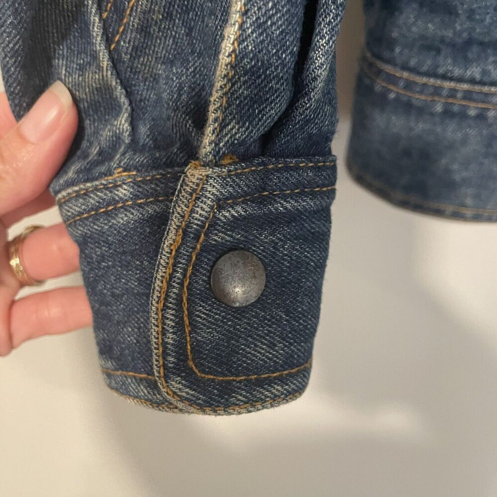 Vintage Jean Jacket Zip Off Sleeves‎ Lined Snaps 1980s Faux Leather Accents Sz 7 - Picture 6 of 10